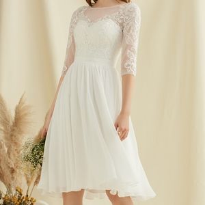 Chiffon lace knee length Ivory wedding dress with sequins